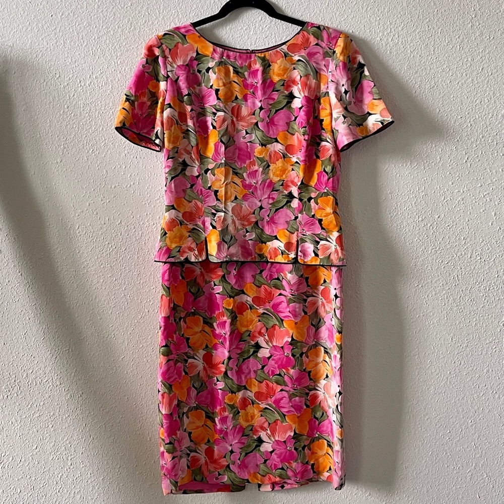 Vintage 90s Silk Floral Dress Orange and Pink, Size 6